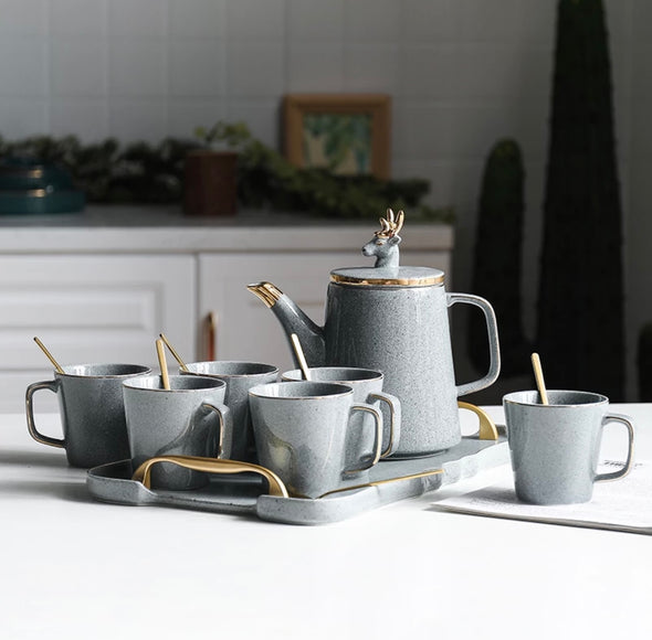 Luxury Slate Colour Porcelain Tea Coffee set with fine gold detail - Little Marylebone